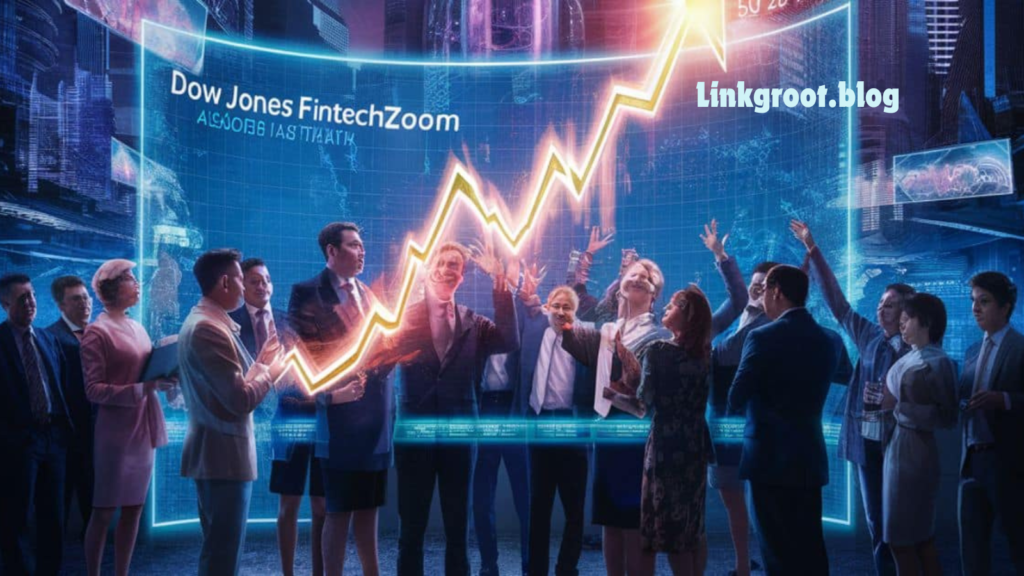 An illustration of the Dow Jones and FintechZoom logos merging, symbolizing their collaboration to revolutionize financial markets with technology.